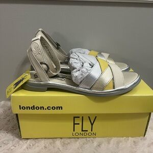 Fly London Cune Leather‎ yellow metallic Sandals NEW 7.5